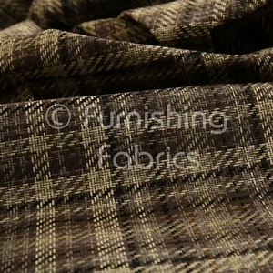 Designer Brown Geometric Tartan Check Pattern Chenille Upholstery Curtain Fabric - Picture 1 of 5