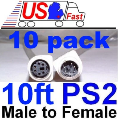 Lot10 10ft PS2 6pin DIN Male~Female Extension Cable/Cord/Wire Mouse/Keyboard/KVM - Image 1 of 2