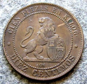 SPAIN Provisional Government 1870 OM 10 CENTIMOS, LION & Hispania Seated Bronze - Picture 1 of 6