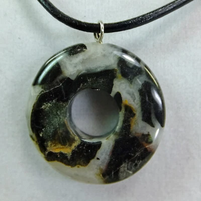 Gray and Black Agate 1 1/4 inch Stone Donut 19" Leather Cord Necklace NEW #82 - Image 1 of 3