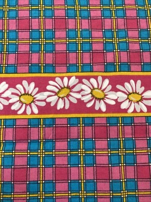 Vintage Pink Daisy Ladybug Plaid border print 3/4 yd fabric Turquoise Cotton - Image 1 of 4