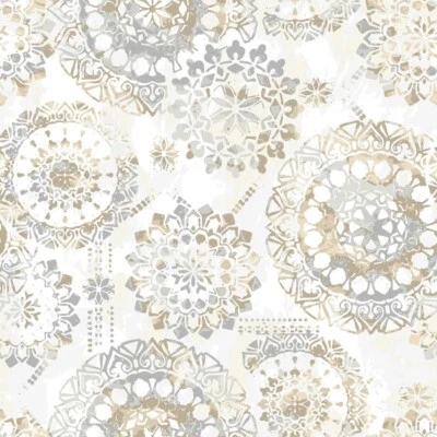 RoomMates Peel and Stick Wallpaper Bohemian Floral Medallion Gray Beige Boho NEW - Image 1 of 4