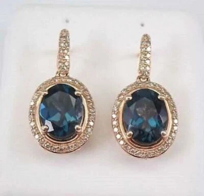4Ct Oval Lab Created London Blue Topaz Drop-Dangle Earrings 14K Rose Gold Finish - Image 1 of 4