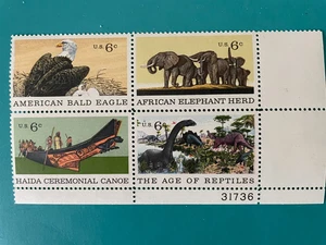 Briefmarken USA, 1970 Naturgeschichte: Plattenblock mit 4 Sechs-Cent-Briefmarken - postfrisch - Bild 1 von 1