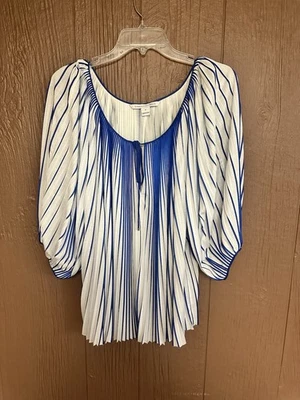 Blusa Top Diane von Furstenberg Keoni 8 Azul Blanco Plisada Manga 3/4 Rayas Foto 1 de 4