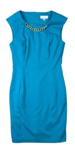 Calvin Klein Womens Sz 4 Turquoise Sheath Dress Gold Accent Neck Classic Audrey - Picture 1 of 10