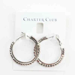 Charter Club 1-3/8" Silver Tone Crystal Hoop Earrings, NWD - Picture 1 of 4