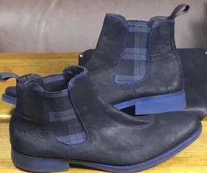 Donald J Pliner Suede Chelsea Boots Men Sz 13 M Black Blue Plaid Made In Italy - Picture 1 of 22