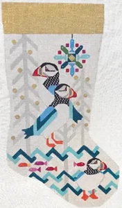 Needlepoint Handpainted Christmas Stocking Melissa Prince Puffin 19" - Picture 1 of 4