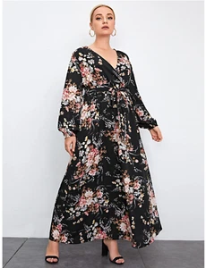 New! SHEIN Plus Lantern Sleeve Belted Botanical Print Dress, Size 20 - Picture 1 of 3