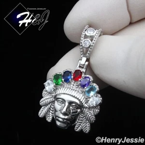 MEN WOMEN 925 STERLING SILVER ICY BLING CZ 3D AMERICAN INDIAN FACE PENDANT*SP435 - Picture 1 of 4