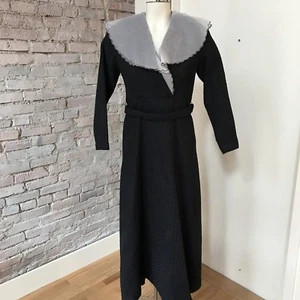 Vintage Couture Evening Gown Blue Brocade Long Sleeve Organza Collar 8 - Bild 1 von 5