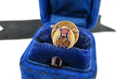  Antiguo Pin de Corbata Fraternal Masónico Shriner Oro 14K Rubí Coral Esmalte Solapa Foto 1 de 4