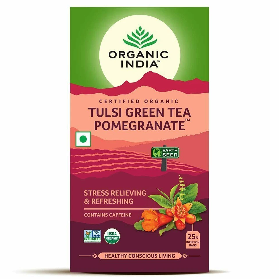 Orgánico India Tulsi Té Verde Granada 25 bolsitas de té, control de peso Foto 1 de 1