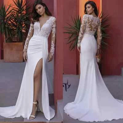 Сексуальный V шеи стороны разрез длинные рукава аппликации кнопка назад русалка свадебное платье - Изображение 1 из 4