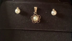 Vintage 14K Gold Tropfen Perle Anhänger Halskette & Ohrringe mit Diamant SET 0,98gm - Bild 1 von 8
