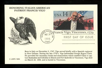 US FDC #UX111 KMC Venture #369 1986 Vincennes IN Frances Vigo patriot - Image 1 of 2