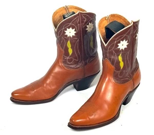 Justin Pee Wee Cowboy Boots - Wmn Sz 10.5B Cloth Pulls Brown Inlays 50's Vintage - Picture 1 of 19