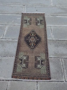 Vintage Turkish Runner Rug 4.2x1.6 ft | Brown Olive Small Hallway Carpet - Picture 1 of 10