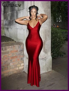 Nibber Red Shiny Spaghetti Strap Maxi Dress Women Solid Sexy Backless Ruched - Picture 1 of 27