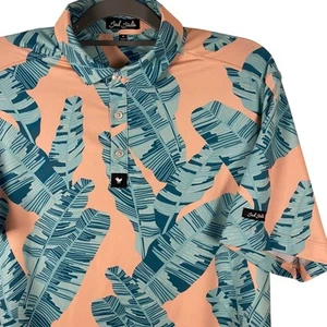 Bad Birdie Golf Polo Shirt Tropical Leaf Print Athletic Fit Peach Blue M - Picture 1 of 8