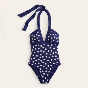 Neu mit Etikett Boden Ithaca Neckholder-Badeanzug marineblau weiß gepunktet Einteiler Damengröße 8 - Bild 1 von 7