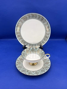 Alboth & Kaiser Bavaria Tea Trio Cup, Saucer, Plate Teal & Gold Filigree Design - Picture 1 of 9