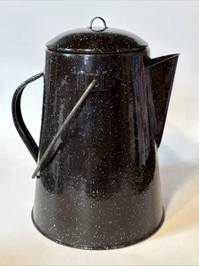 Vtg Coffee Pot Black/White Enamelware Spatter 9” Tall W/Lid - Picture 1 of 8