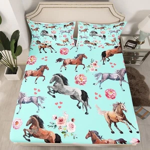 Horse Bed Sheets Twin Size Farm Western Cowboy Cowgirls Fitted Sheet for Kids... - Picture 1 of 6