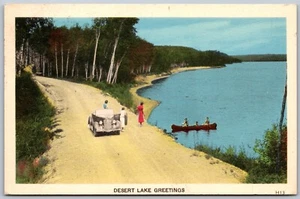 Postcard c1955 Postmarked Hartington Ontario Desert Lake Greetings Old Car Canoe - Bild 1 von 2