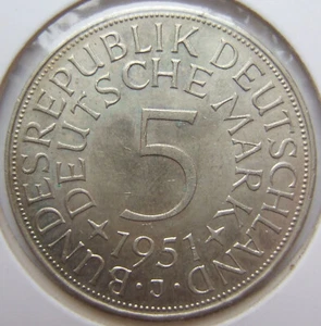Coin Frg Silver Eagle 5 German Mark 1951 J IN Uncirculated - Picture 1 of 2