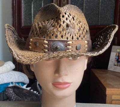 Montecarlo Hat Co. Bull Hide RUN-A-MUCK Mujer Western Marrón Sombrero Banda de Cuero Foto 1 de 4