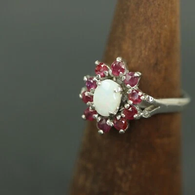 Anillo de plata esterlina vintage con racimo de ópalo natural y rubí sólido 925 talla N 1/2 Foto 1 de 4