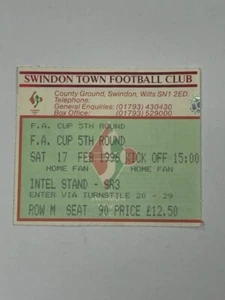 1995/96 Swindon Town V Southampton 17-02-1996 Fa Cup boleto de partido de quinta ronda - Imagen 1 de 1
