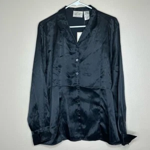 Kathie Lee NWT VTG Button Up Shirt Women's 16 Satin Long Sleeve Career Work BLK - Picture 1 of 6