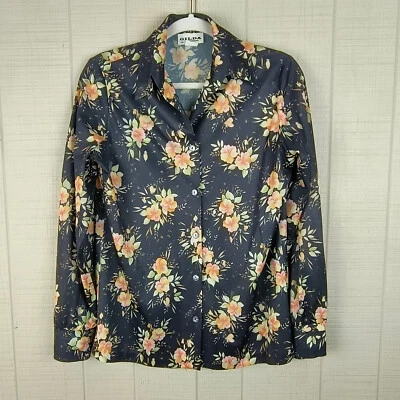 VIntage 70s Gilda of California Blouse Shirt Point Collar Black Floral - Image 1 of 4