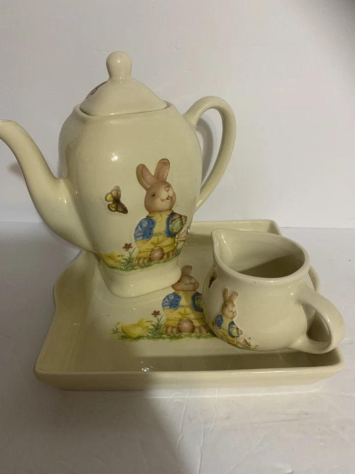 Vintage Tea Set Easter Bunny Ceramic  Tea Pot Creamer & Serving Tray Cream Rare - Image 1 of 4
