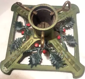 small Vintage Iron Christmas Tree Stand green holly berry and leaves - Picture 1 of 2