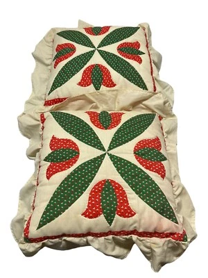 2 Handmade Vintage Patchwork Floral Pillows White Red Green Boho MCM - Image 1 of 4