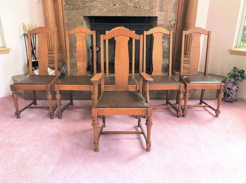 Set of 6 Antique Solid Oak High Back Dining Chairs Leather Seats Turn of Century Cover