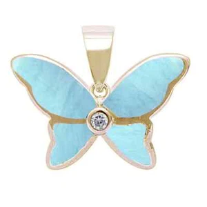 Yellow Gold Plated Natural Larimar Butterfly .925 Sterling Silver Pendant - Picture 1 of 2