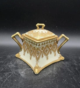 Antique Art Deco Hand Painted Nippon Lidded Sugar Bowl Raised Gold Japan 3" - Picture 1 of 10