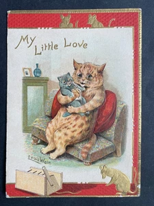 TARJETA DE FELICITACIÓN DE COLECCIÓN NAVIDAD GATO ALIMENTACIÓN GATITO EN SOFÁ RATAS TRAMPA PARA RATAS LOUIS WAIN - Imagen 1 de 3