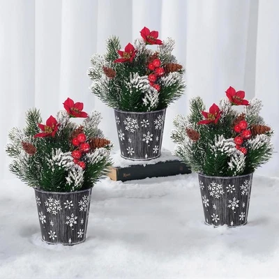 Paquete de 3 ramas de pino Norfolk nevado en maceta con copo de nieve de Poinsettias  Foto 1 de 4
