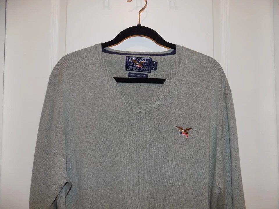 Suéter AMERICAN LIVING XL Gris Algodón Cuello en V Bordado Águila Bandera EE. UU. Ralph Foto 1 de 4