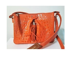 NEW MC Madi Claire Crossbody Purse Organizer Bag Orange Leather Gator Embossed - Picture 1 of 4