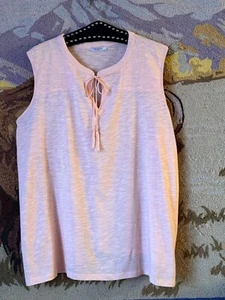 NEW Avon Womens Sz 1X Sleeveless T-Shirt Peach Tie Keyhole Neck Tassels Cotton - Picture 1 of 11