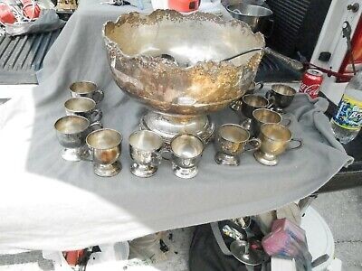 Vintage Silver On Copper Pedestal Punch Bowl With 12 Cups & Ladle • 141.53£