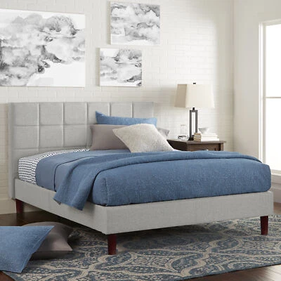Cama plataforma tapizada de tela gris claro Queen hogar salón dormitorio muebles Foto 1 de 3