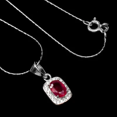 925 Sterlingsilber Halskette Oval Rubin 7x5mm Edelstein Schmuck 45.7cm - Bild 1 von 4